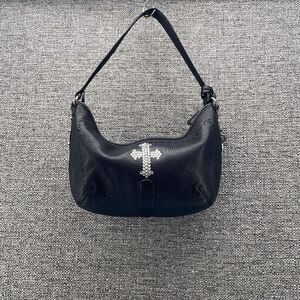 Brighton Shoulder Bag Black Hobo Bag Thick Pebble Leather Y2K‎ Bedazzled